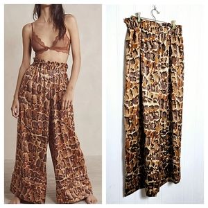 Free People Goddess Lounge Pants Womens Brown Silky Animal Print Wide Leg Size L